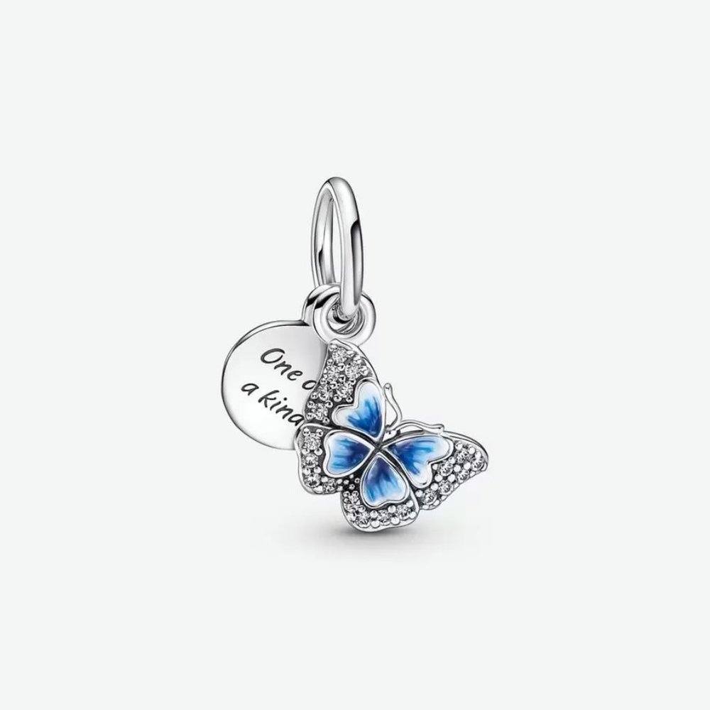 Pandora  Blue Butterfly & Quote Double Dangle Charm